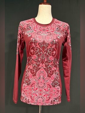 Athleta Women’s Burgundy Long Sleeve Crewneck Top with Pink Paisley Print